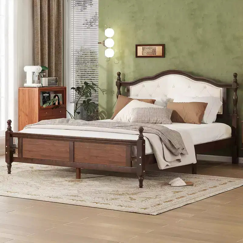Letto matrimoniale Queen in legno di pino con pediera a pannello, piedini di supporto per sponde laterali, marrone