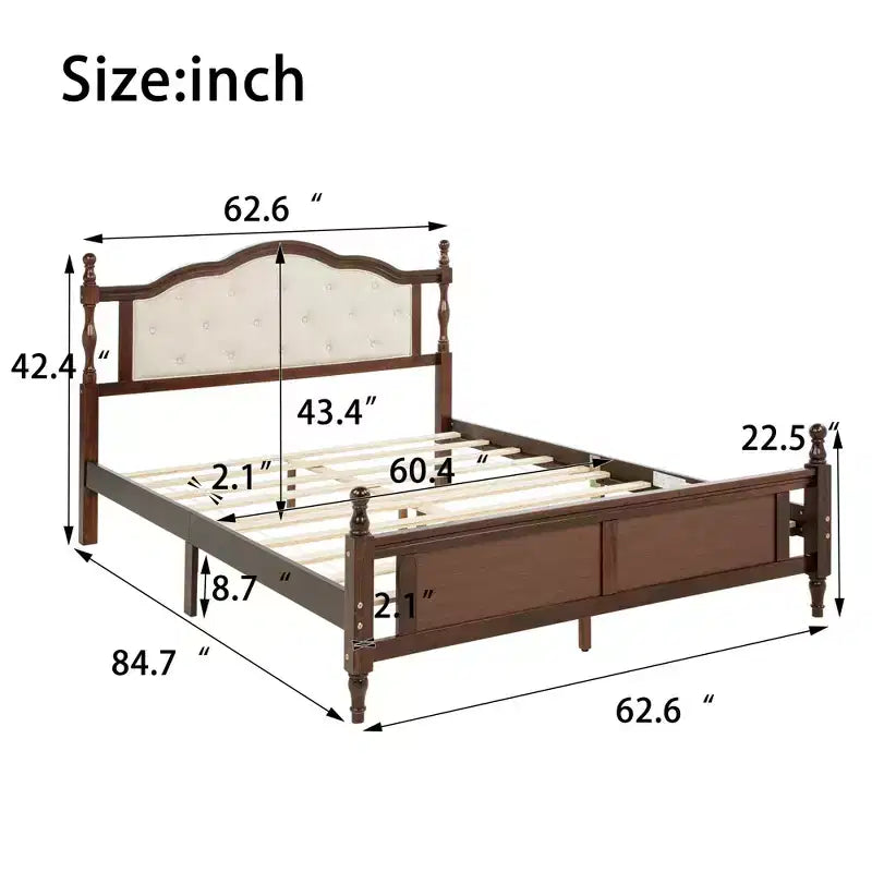 Letto matrimoniale Queen in legno di pino con pediera a pannello, piedini di supporto per sponde laterali, marrone