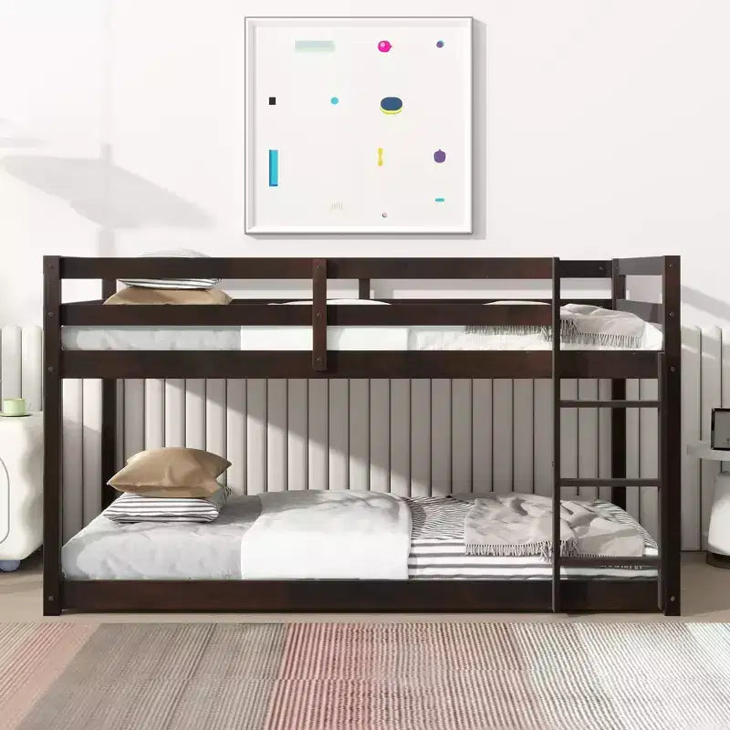 MATEERTY Solid Wooden, Twin Floor Bunk Bed wit Ladder, Upper and Bottom Bed Platforms Crafted with Stregthened Slats Brown