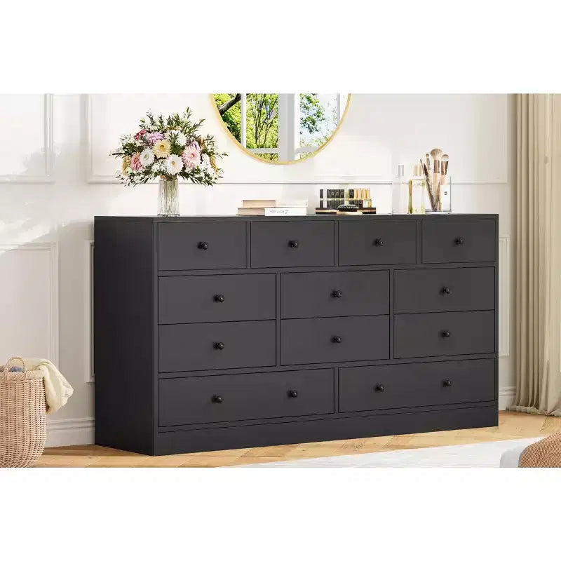 12 Drawer Dresser for Bedroom with Power Outlet, 61 Inch Wooden Storage Cabinet for Bedroom, Closet, or Living Room