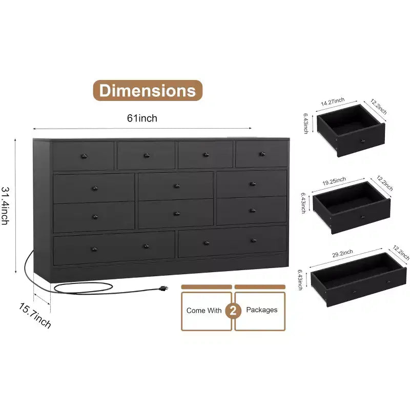 Cassettiera a 12 cassetti per camera da letto con presa di corrente, Armadio in legno da 61 pollici per camera da letto, armadio o soggiorno