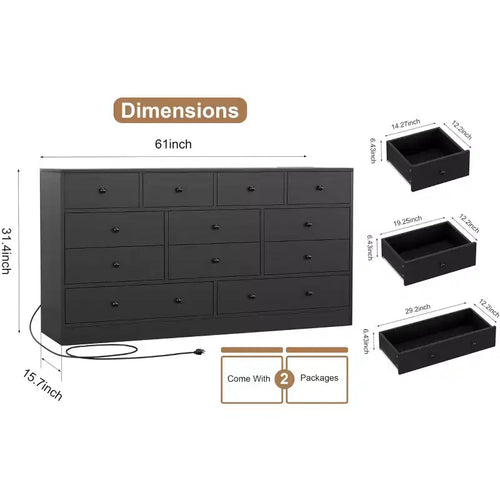 Cassettiera a 12 cassetti per camera da letto con presa di corrente, Armadio in legno da 61 pollici per camera da letto, armadio o soggiorno