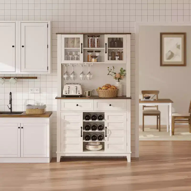 Dispensa da cucina alta 183 cm con 4 ante e 2 cassetti, portabottiglie, ripiano regolabile, bancone bar per caffè e vino