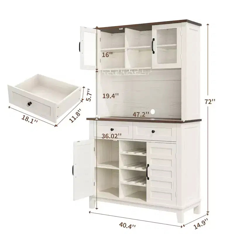 Dispensa da cucina alta 183 cm con 4 ante e 2 cassetti, portabottiglie, ripiano regolabile, bancone bar per caffè e vino