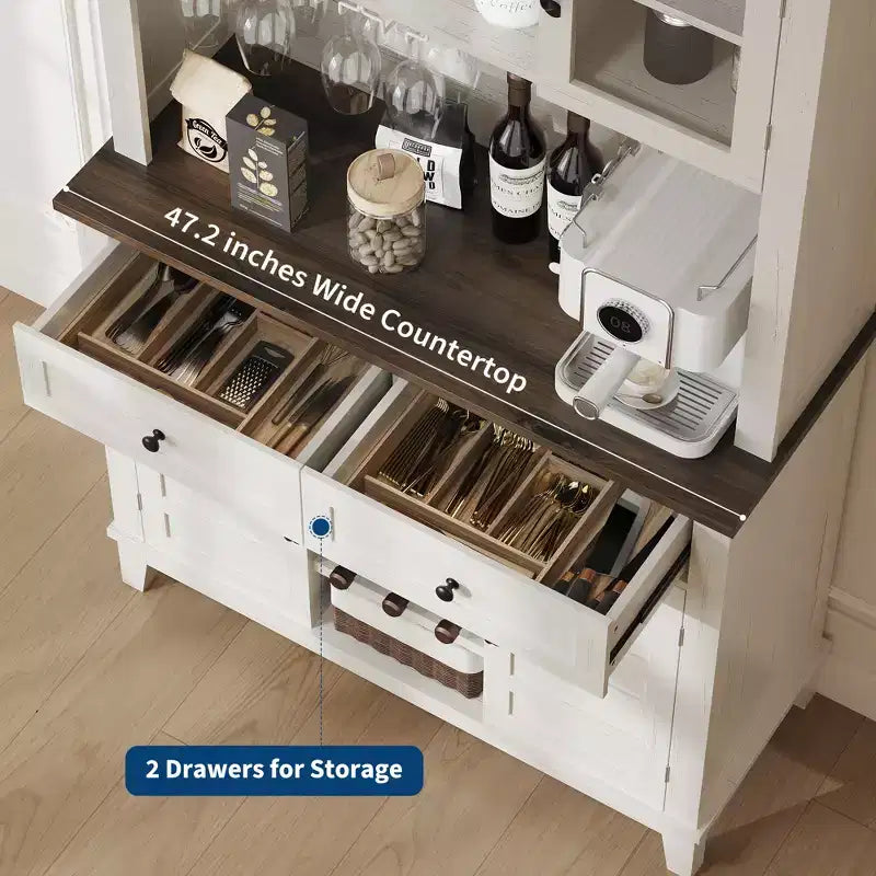 Dispensa da cucina alta 183 cm con 4 ante e 2 cassetti, portabottiglie, ripiano regolabile, bancone bar per caffè e vino