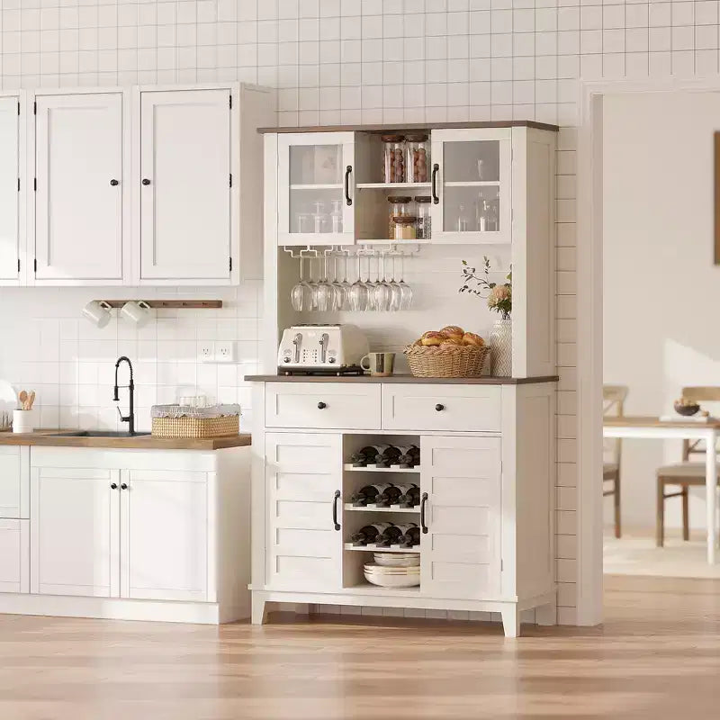 Dispensa da cucina alta 183 cm con 4 ante e 2 cassetti, portabottiglie, ripiano regolabile, bancone bar per caffè e vino