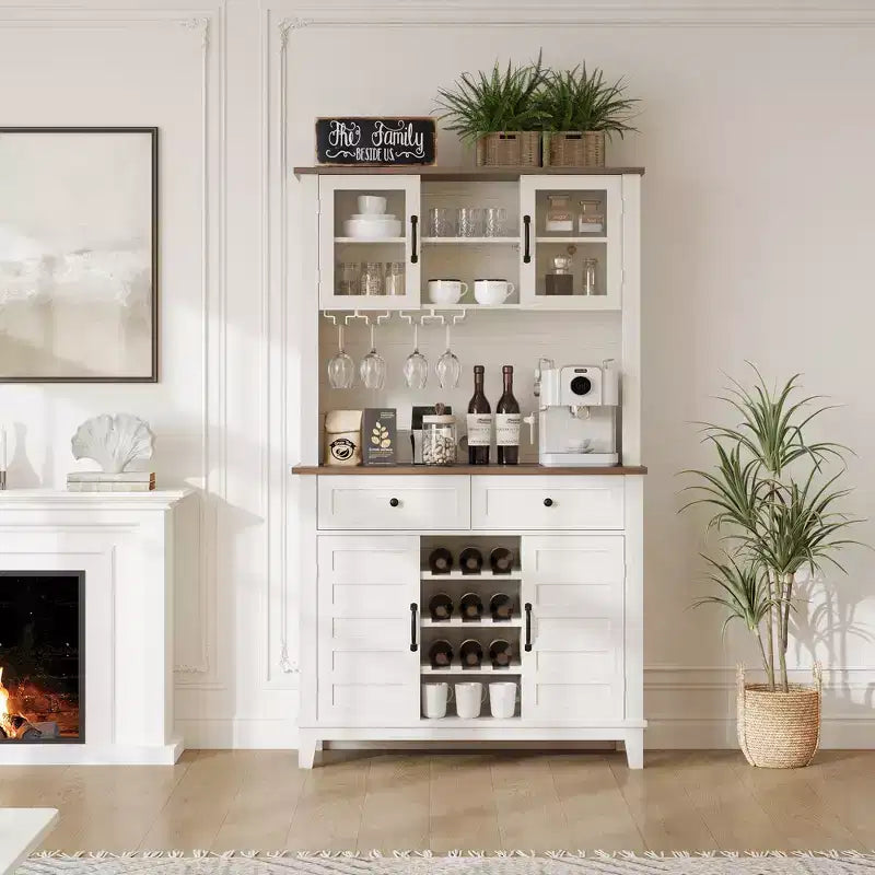 Dispensa da cucina alta 183 cm con 4 ante e 2 cassetti, portabottiglie, ripiano regolabile, bancone bar per caffè e vino