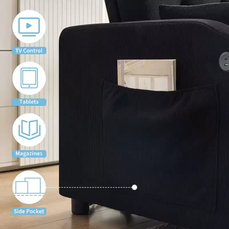 Divano letto convertibile 3-in-1, divano in velluto a coste con letto estraibile, schienale regolabile e porta di ricarica