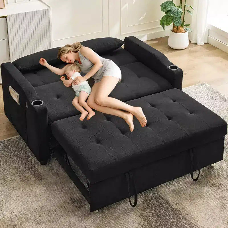 Divano letto convertibile 3-in-1, divano in velluto a coste con letto estraibile, schienale regolabile e porta di ricarica