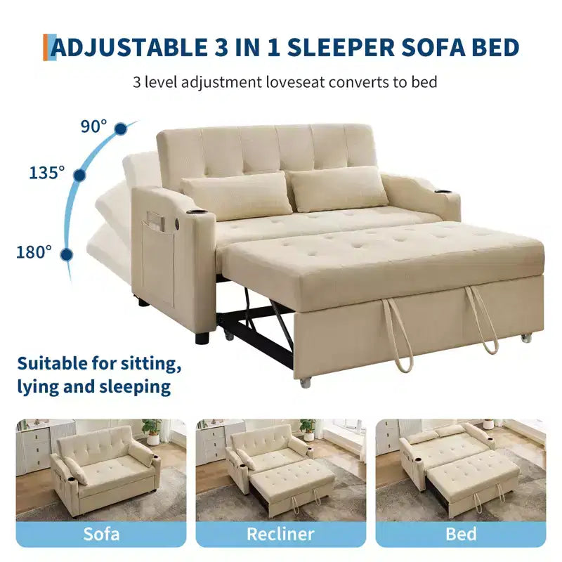 Divano letto convertibile 3-in-1, divano in velluto a coste con letto estraibile, schienale regolabile e porta di ricarica