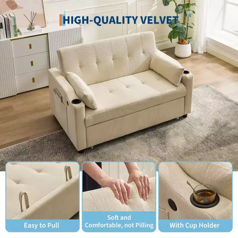 Divano letto convertibile 3-in-1, divano in velluto a coste con letto estraibile, schienale regolabile e porta di ricarica