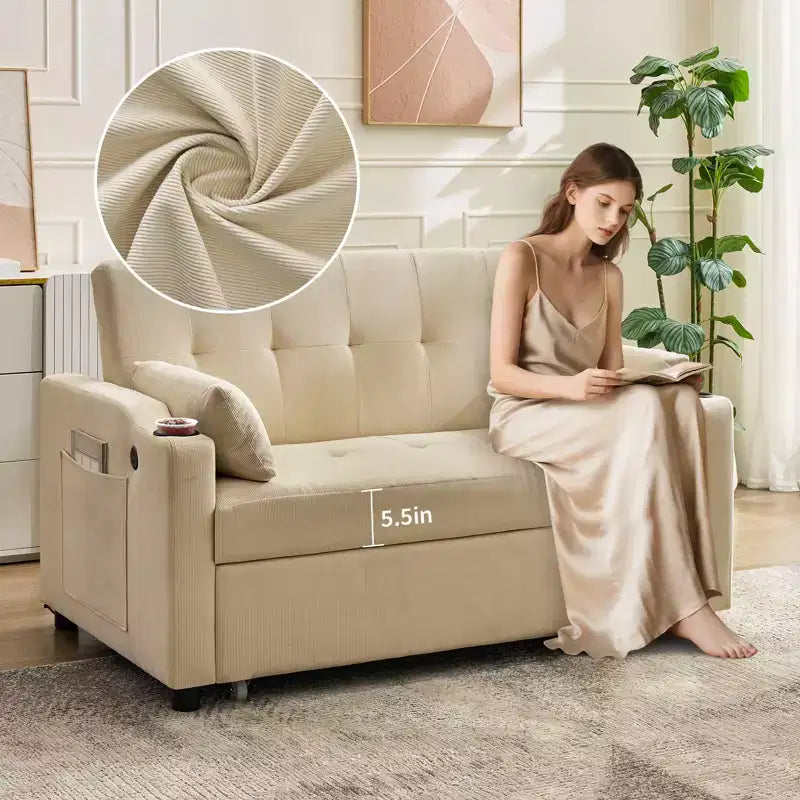 Divano letto convertibile 3-in-1, divano in velluto a coste con letto estraibile, schienale regolabile e porta di ricarica