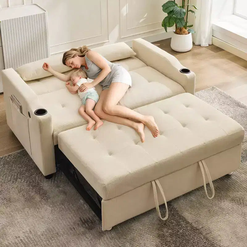 Divano letto convertibile 3-in-1, divano in velluto a coste con letto estraibile, schienale regolabile e porta di ricarica