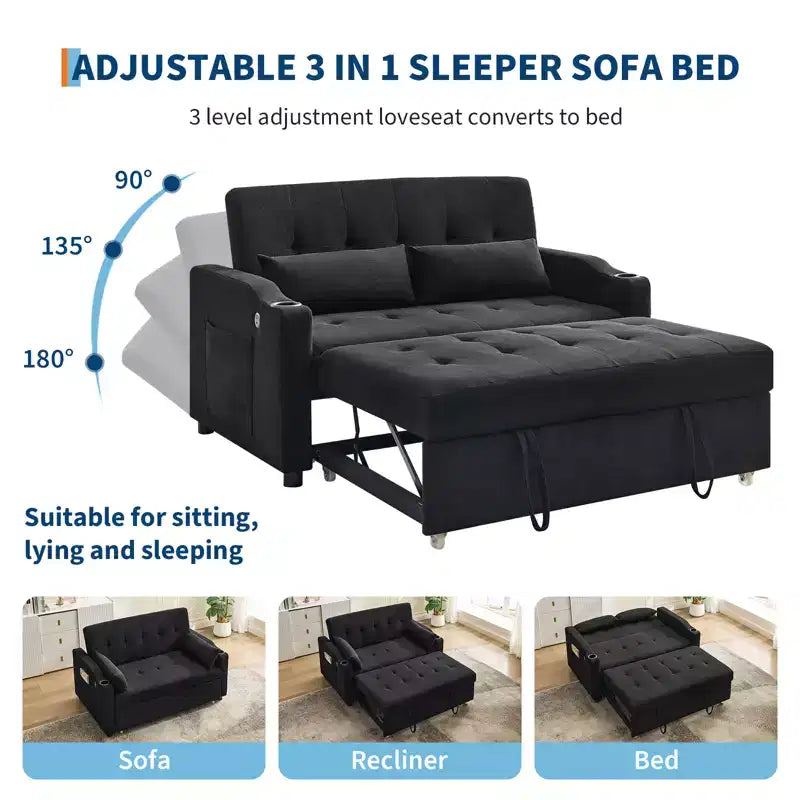 Divano letto convertibile 3-in-1, divano in velluto a coste con letto estraibile, schienale regolabile e porta di ricarica
