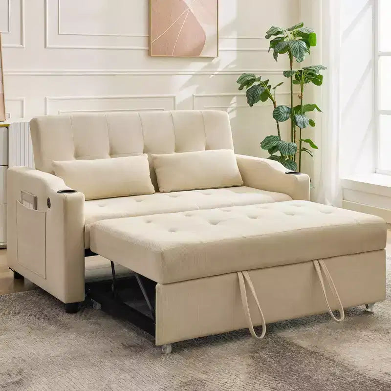 3 In 1 Convertible Sleeper Sofa Bed, Corduroy Couches with Pull-Out Bed, Adjustable Backrest, Charging Port , Modern Sofa for Living Room