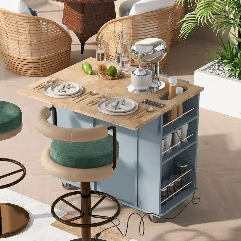 Rolling Kitchen Island Cart with Drop Leaf & Power Outlet,Kitchen Island Cart with Open Storage & Drawer & Wine Rack