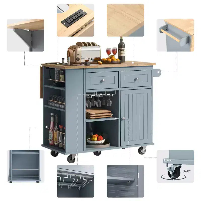 Carrello da cucina con isola pieghevole e presa di corrente, carrello da cucina con isola, contenitore aperto, cassetto e portabottiglie