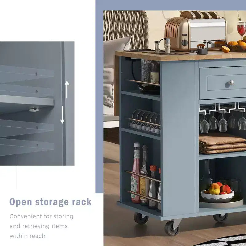 Carrello da cucina con isola pieghevole e presa di corrente, carrello da cucina con isola, contenitore aperto, cassetto e portabottiglie