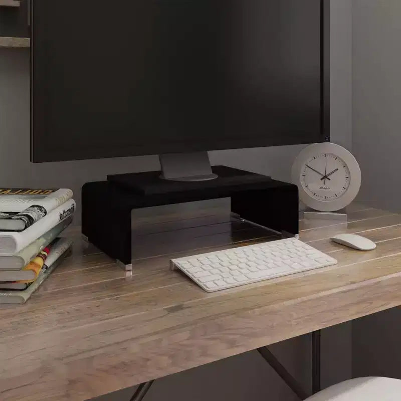 Supporto TV in vetro temperato nero, elegante rialzo per monitor