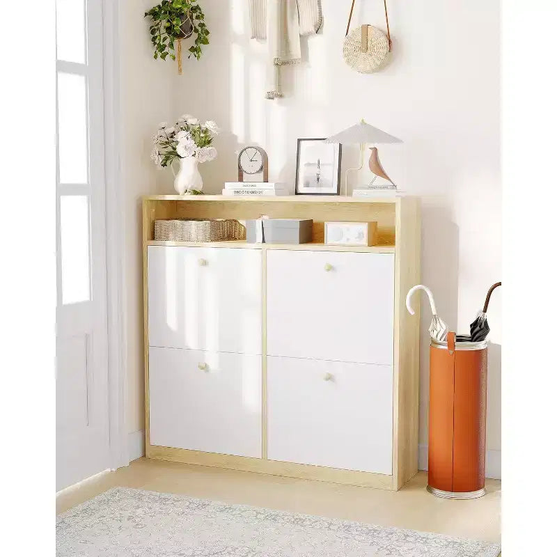 Garvee Narrow Shoe Cabinet with 4 Flip Drawers and Open Shelf, Wooden Freestanding Shoes Organizer with Shelves for Slippers, Sneakers, Heels, Boots