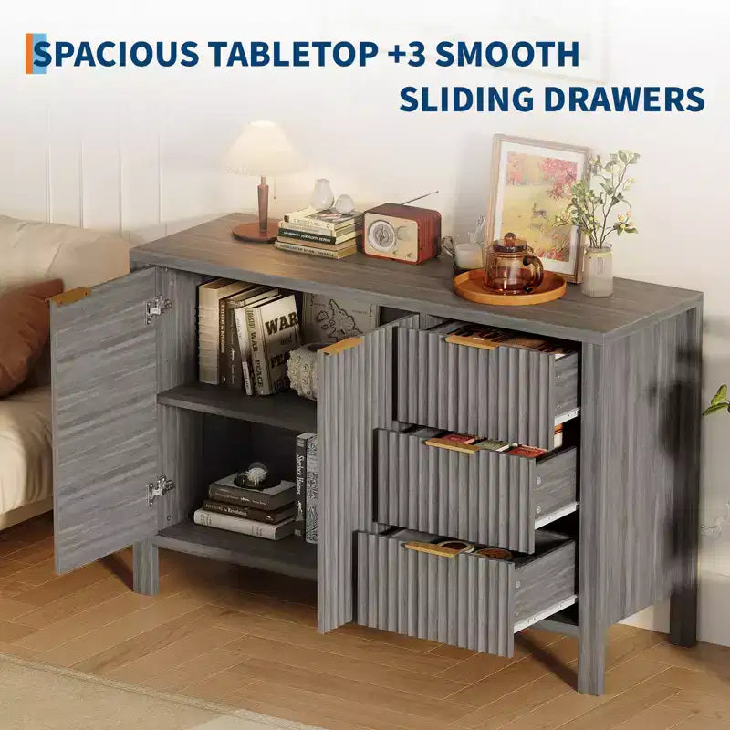 Credenza in legno a 3 cassetti e 2 ante Mobile buffet laterale scanalato moderno per soggiorno cucina