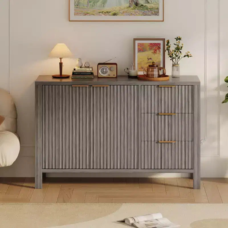 Credenza in legno a 3 cassetti e 2 ante Mobile buffet laterale scanalato moderno per soggiorno cucina