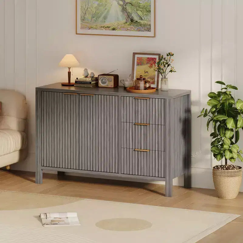 Credenza in legno a 3 cassetti e 2 ante Mobile buffet laterale scanalato moderno per soggiorno cucina