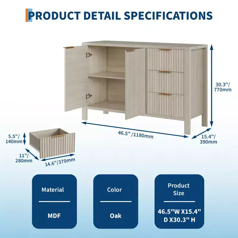 Credenza in legno a 3 cassetti e 2 ante Mobile buffet laterale scanalato moderno per soggiorno cucina