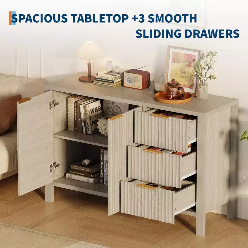 Credenza in legno a 3 cassetti e 2 ante Mobile buffet laterale scanalato moderno per soggiorno cucina