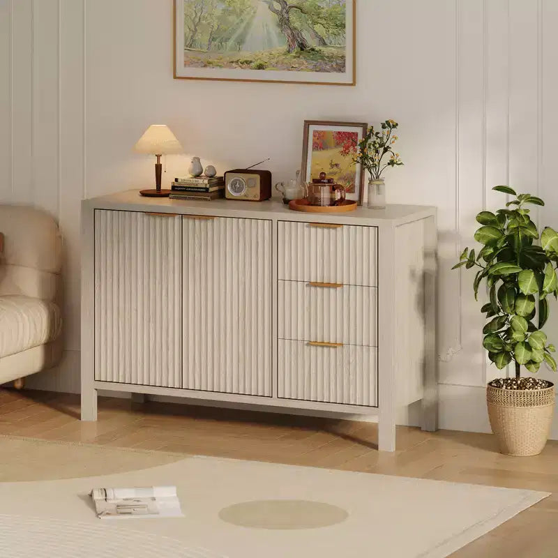 Credenza in legno a 3 cassetti e 2 ante Mobile buffet laterale scanalato moderno per soggiorno cucina