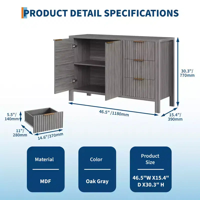 Credenza in legno a 3 cassetti e 2 ante Mobile buffet laterale scanalato moderno per soggiorno cucina