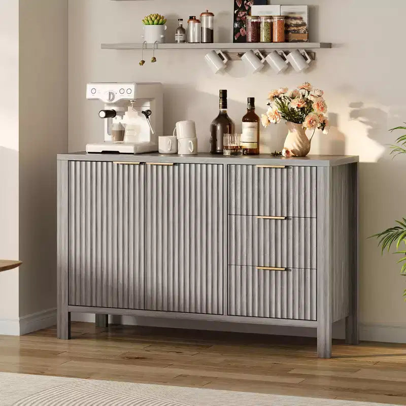 3 Drawers & 2 Doors Wooden Credenza  Fluted Sideboard Buffet Cabinet Modern for Living Room Kitchen