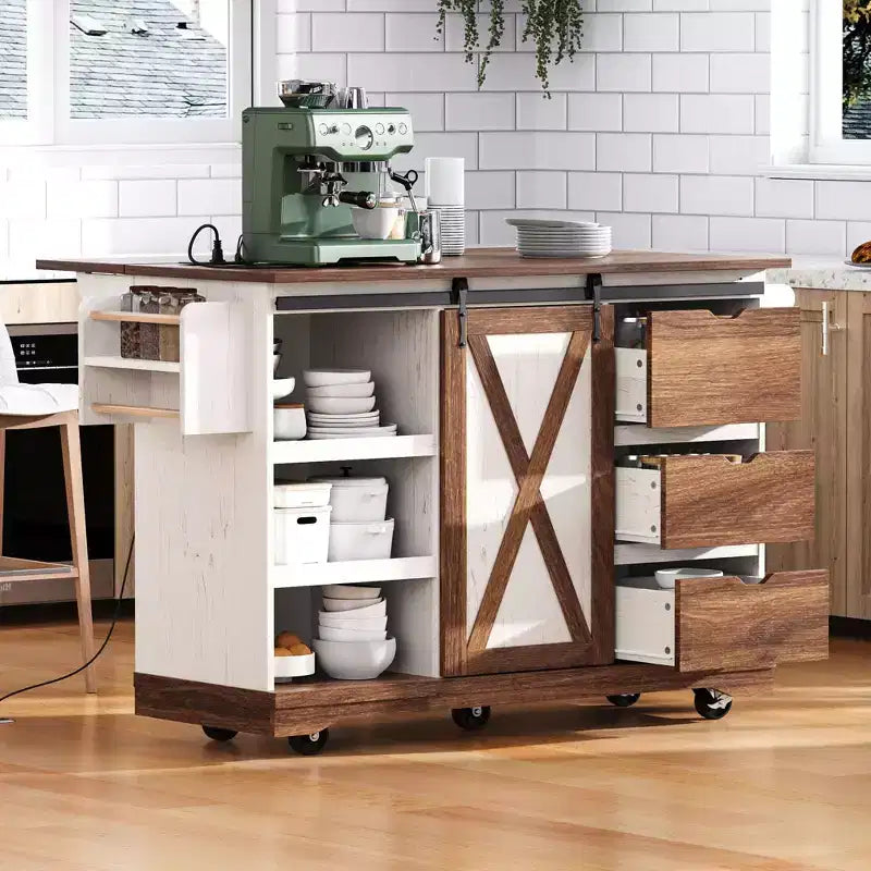 Carrello da Cucina Stile Rustico con Anta a Ribalta, Organizer da Banco con Ruote, Anta Scorrevole e Presa di Corrente