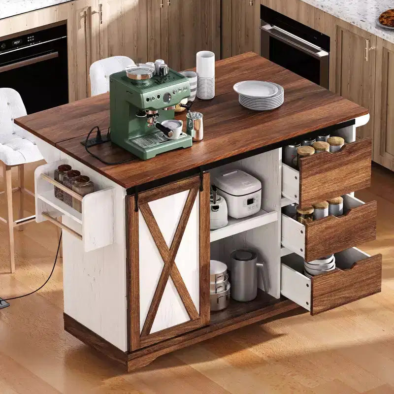 Carrello da Cucina Stile Rustico con Anta a Ribalta, Organizer da Banco con Ruote, Anta Scorrevole e Presa di Corrente