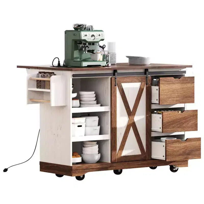 Carrello da Cucina Stile Rustico con Anta a Ribalta, Organizer da Banco con Ruote, Anta Scorrevole e Presa di Corrente