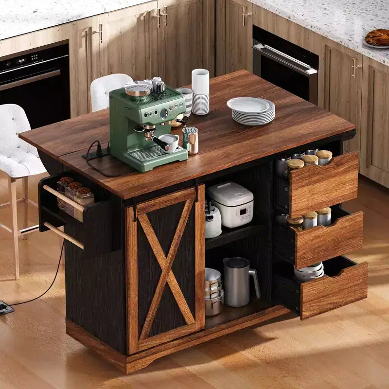 Carrello da Cucina Stile Rustico con Anta a Ribalta, Organizer da Banco con Ruote, Anta Scorrevole e Presa di Corrente