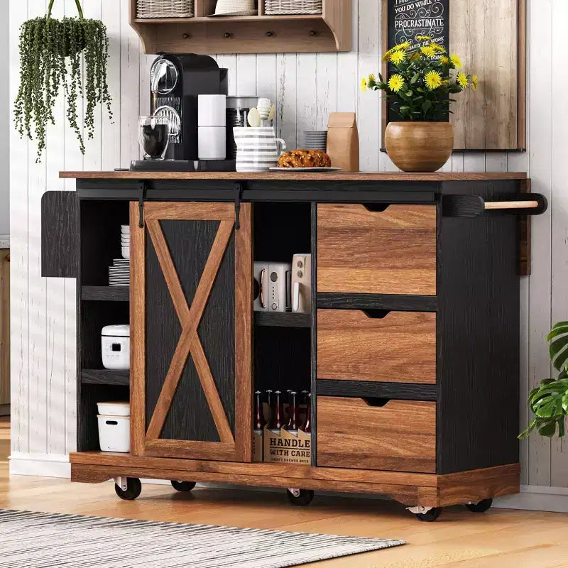 Carrello da Cucina Stile Rustico con Anta a Ribalta, Organizer da Banco con Ruote, Anta Scorrevole e Presa di Corrente