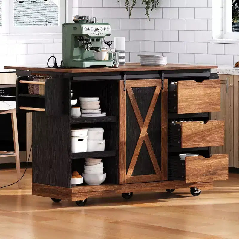 Carrello da Cucina Stile Rustico con Anta a Ribalta, Organizer da Banco con Ruote, Anta Scorrevole e Presa di Corrente