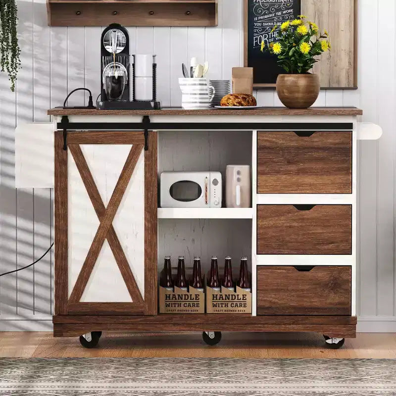 Carrello da Cucina Stile Rustico con Anta a Ribalta, Organizer da Banco con Ruote, Anta Scorrevole e Presa di Corrente