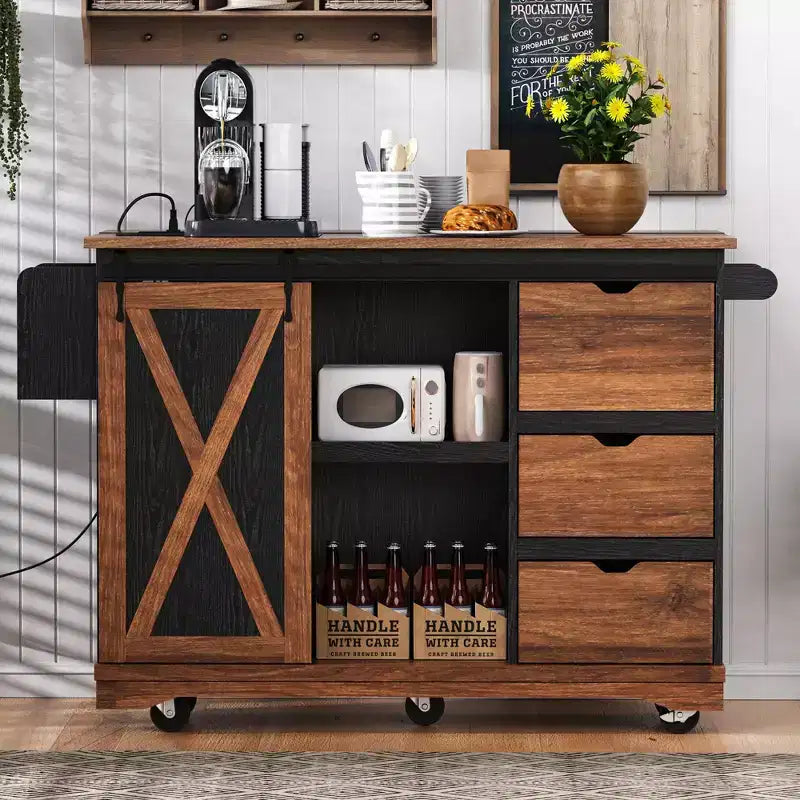 Carrello da Cucina Stile Rustico con Anta a Ribalta, Organizer da Banco con Ruote, Anta Scorrevole e Presa di Corrente