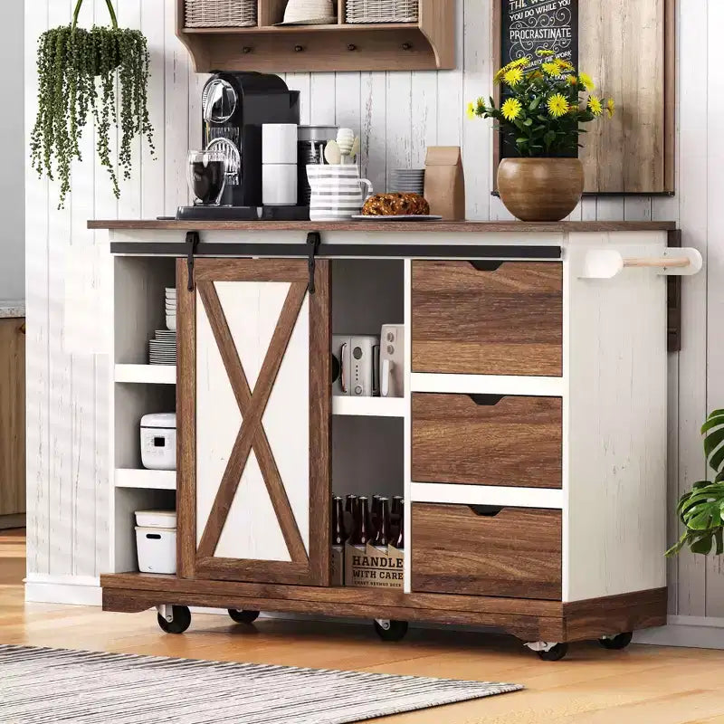 Okak Farmhouse Kitchen Cart with Drop Leaf, Rolling Countertop Organizer with Barn Door, Power Outlet, Kitchen Island for Home
