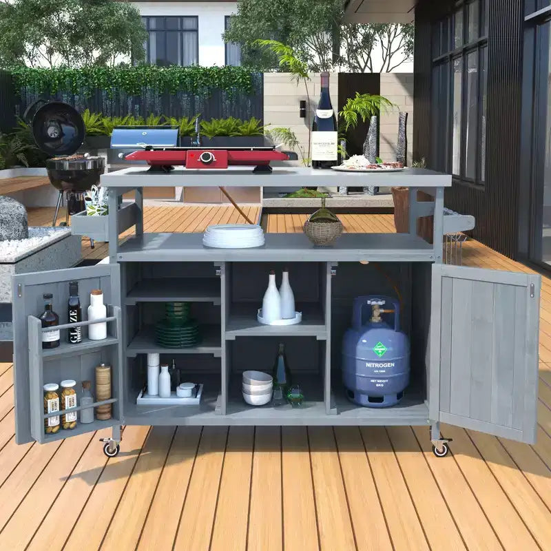 Isola per Cucina da Esterno con Piastra e Griglia in Acciaio, Carrello Bar in Legno Massello con Ruote Bloccabili, Mobile Contenitore da Esterno per Giardino, Barbecue