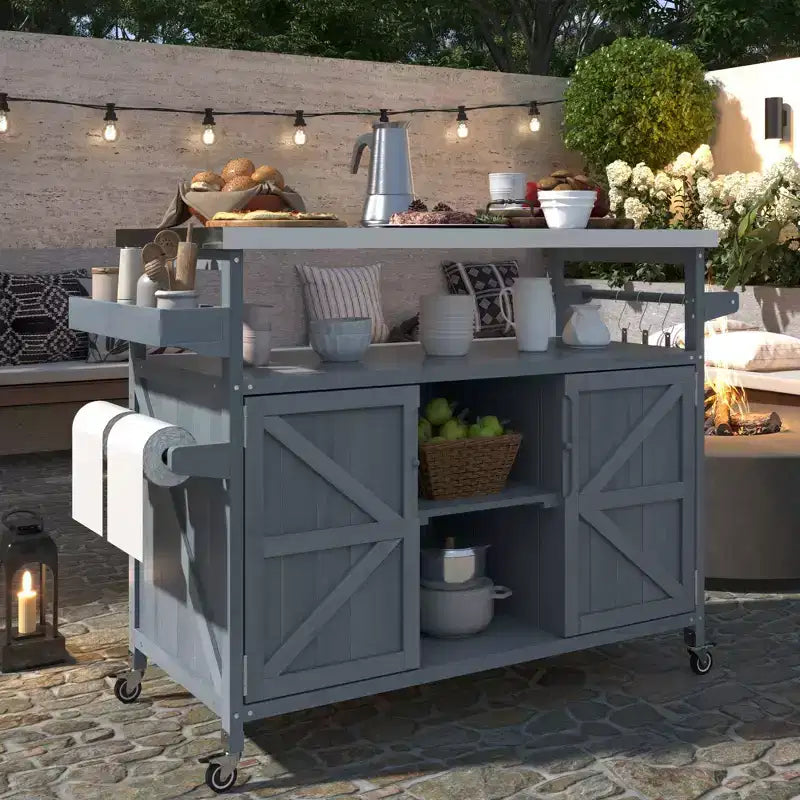 Isola per Cucina da Esterno con Piastra e Griglia in Acciaio, Carrello Bar in Legno Massello con Ruote Bloccabili, Mobile Contenitore da Esterno per Giardino, Barbecue