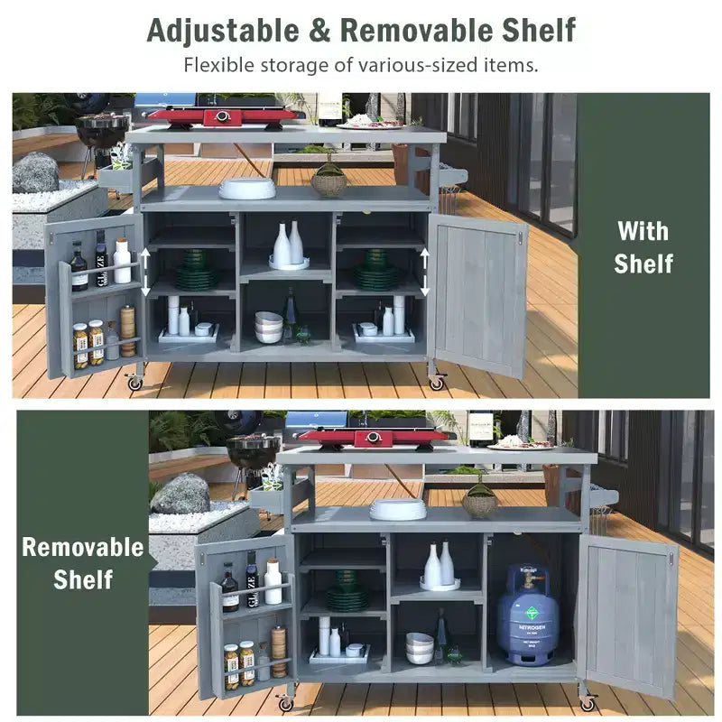 Isola per Cucina da Esterno con Piastra e Griglia in Acciaio, Carrello Bar in Legno Massello con Ruote Bloccabili, Mobile Contenitore da Esterno per Giardino, Barbecue
