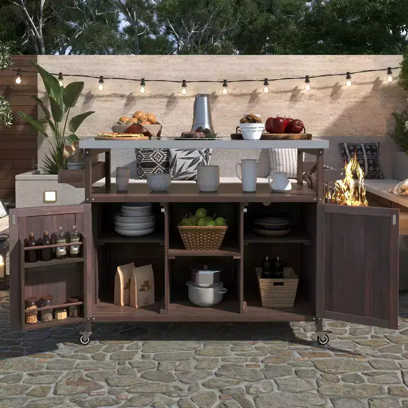 Isola per Cucina da Esterno con Piastra e Griglia in Acciaio, Carrello Bar in Legno Massello con Ruote Bloccabili, Mobile Contenitore da Esterno per Giardino, Barbecue