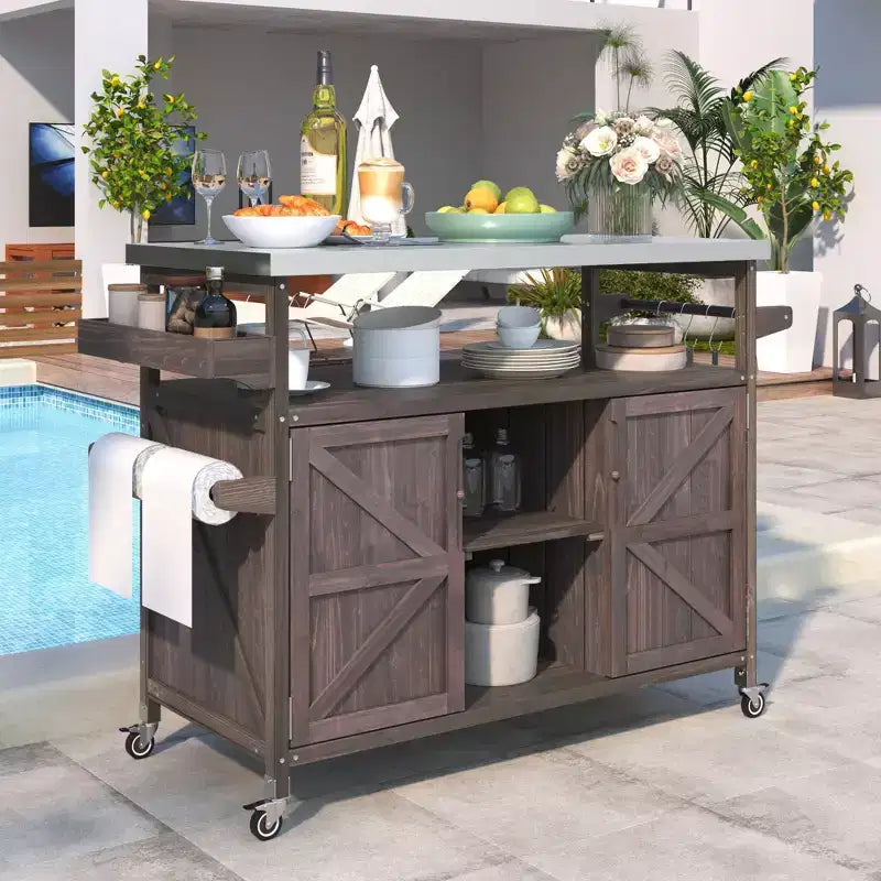 Isola per Cucina da Esterno con Piastra e Griglia in Acciaio, Carrello Bar in Legno Massello con Ruote Bloccabili, Mobile Contenitore da Esterno per Giardino, Barbecue