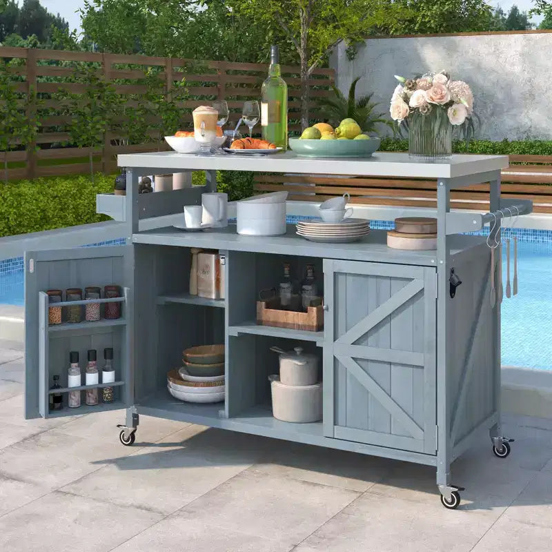 Okak Outdoor Kitchen Island with Steel Grill Top & Rack,Solid Wood Bar Cart with Lockable Wheels,Outside Storage Cabinet for Yard,Barbecue