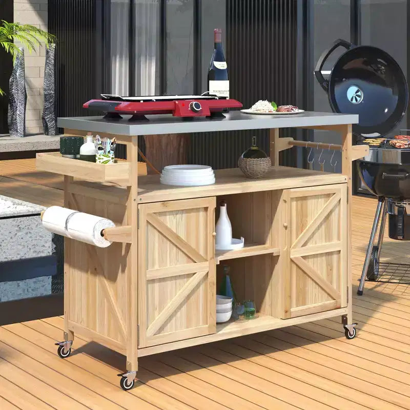 Isola per Cucina da Esterno con Piastra e Griglia in Acciaio, Carrello Bar in Legno Massello con Ruote Bloccabili, Mobile Contenitore da Esterno per Giardino, Barbecue