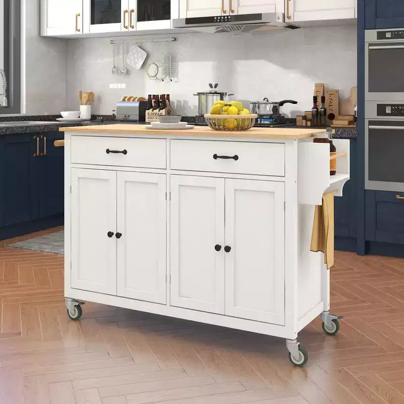JVNOXK-Kitchen Island Cart with Solid Wood Top and Locking Wheels,54.3 Inch Width,4 Door Cabinet and Two Drawers,Spice Rack, Towel Rack (White)