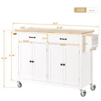 Carrello da Cucina con Isola, Piano in Legno Massello e Ruote Bloccabili, Larghezza 137.9 cm, Mobile a 4 Ante, Due Cassetti, Porta Spezie e Porta Asciugamani (Bianco)